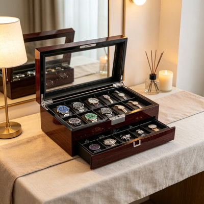 Boîte à montre en bois pour homme - boîtier de montre à 20 fentes avec grand couvercle en verre, organisateur de montre verrouillable à 2 niveaux avec compartiments à bijoux, présentoir élégant et rangement pour la collection de montres