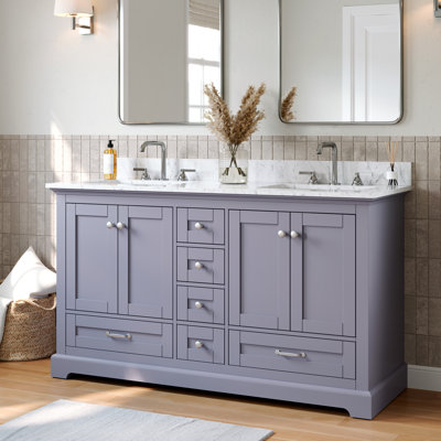 60" Modern Freestanding Bathroom Vanity - Double Sinks Design With Carrara Marble Countertop,  Ceramic Basin & Six Drawer  & Two Solid Wood Storage Cabinet