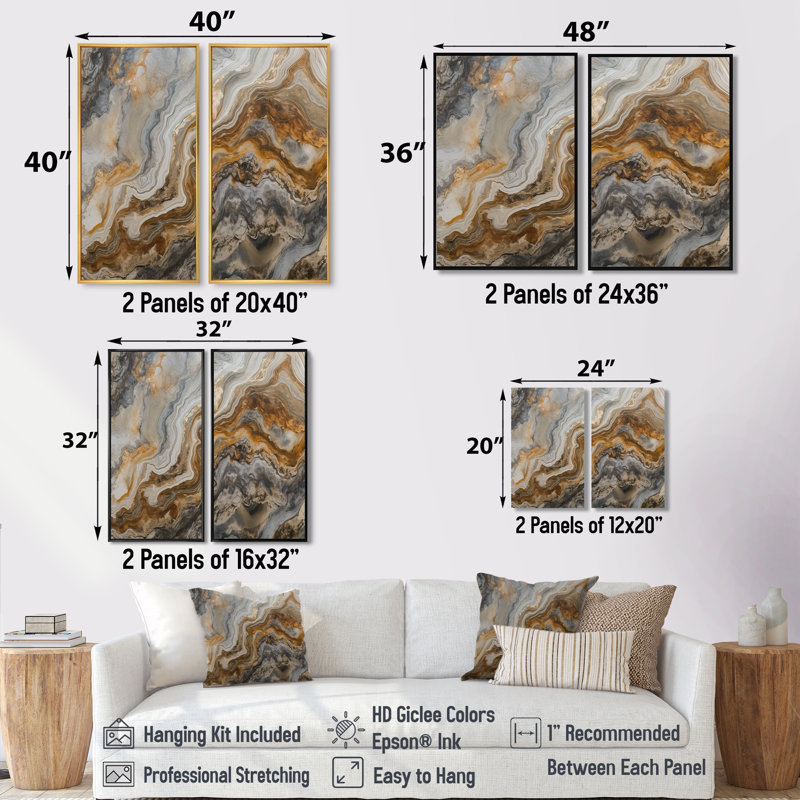 Or et gris effet marbre II - art mural moderne 2 pièces, 20'' H x 24'' W, Impression encadrée flottante, Cream