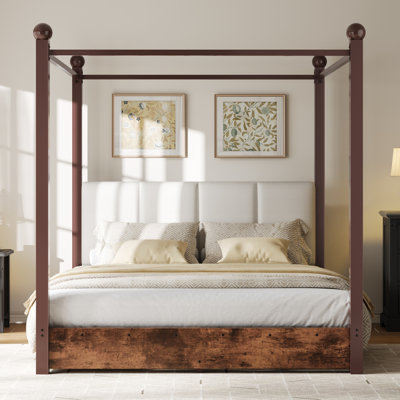 Queen Size Canopy Platform Bed with Upholstered Headboard and Metal Frame, Brown