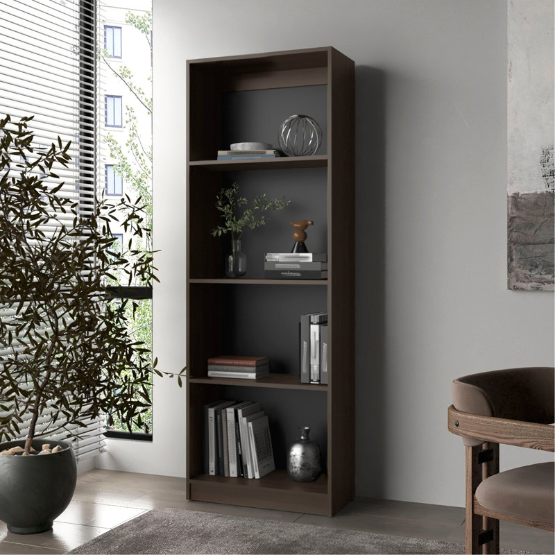 Bibliothèque plate en noyer teinté avec rangement ouvert et 4 tablettes, H 71 po x l 24,7 po x P 11,7 po, Noyer