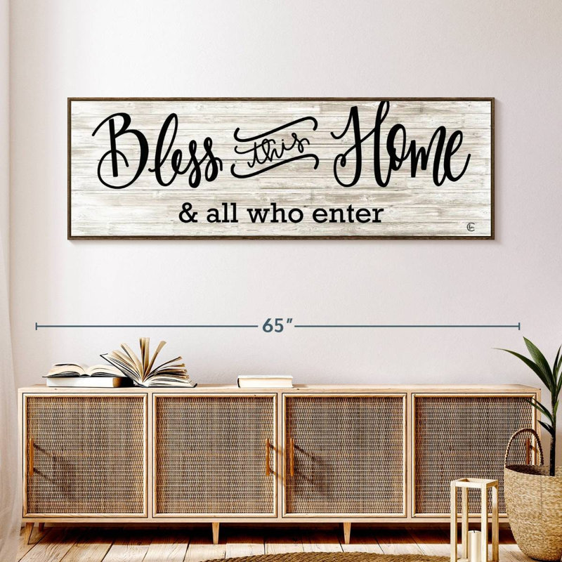 Plaque murale «Bless This Home», 57 po x 19 po, Cadre flottant noyer