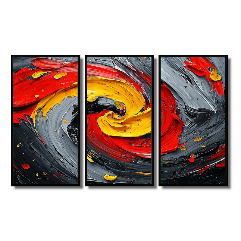 Abstrait volcanique émotif «I» - art mural encadré par suprématisme - ensemble de 3, H 28 po x l 36 po, Noir