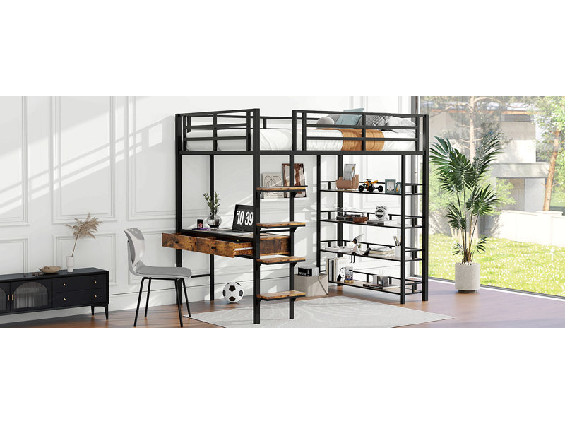 Lit mezzanine en métal avec bureau et tablettes, noir, Lit double