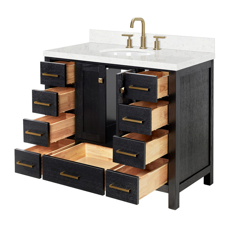 Amariani 42.25'' Single Bathroom Vanity with Quartz Top, Black Oak / Satin Brass
