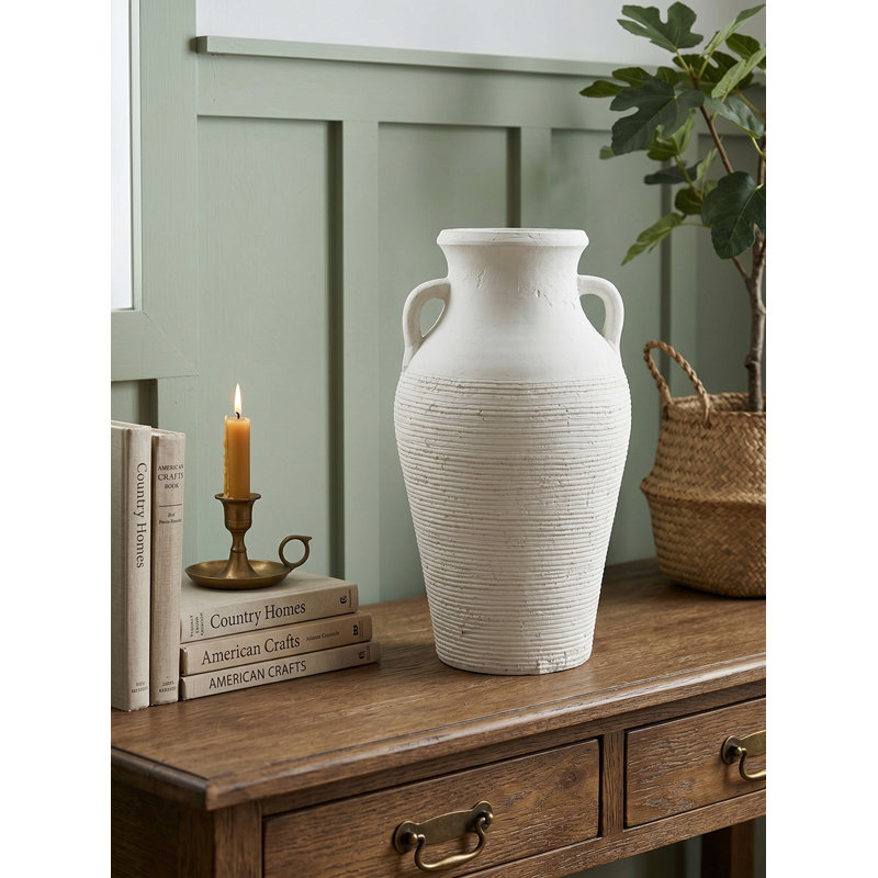 Grand vase rustique en terre cuite blanc avec poignées D7,9x13,4 "