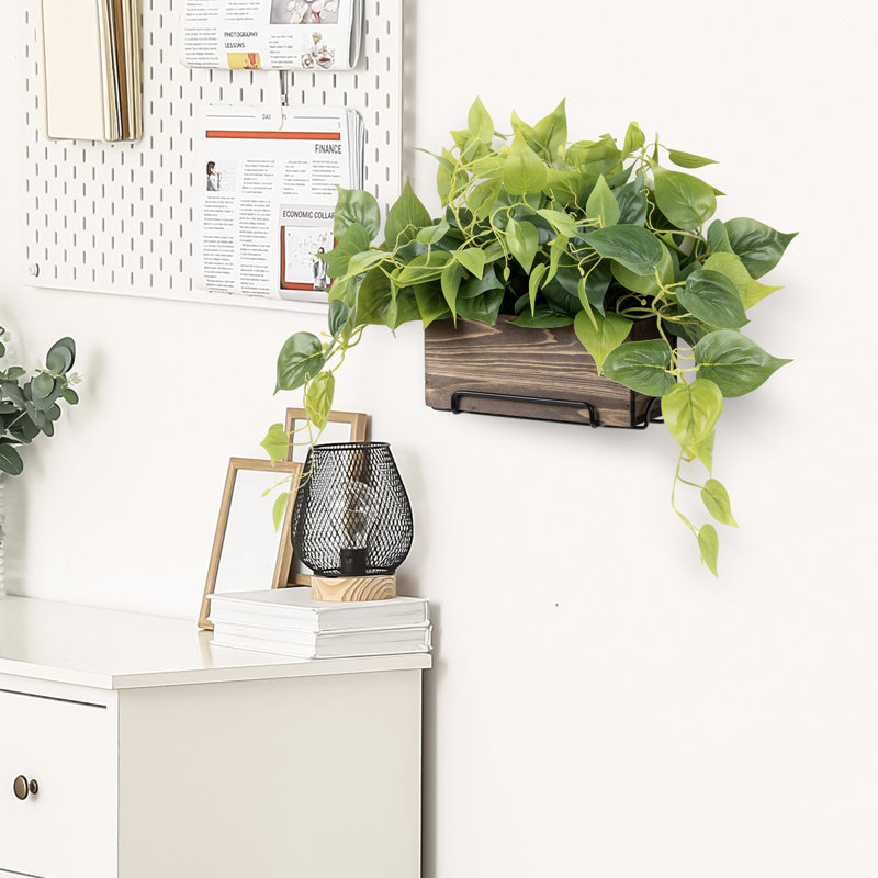 24.89cm Faux Pothos Plant in Solid Wood Planter