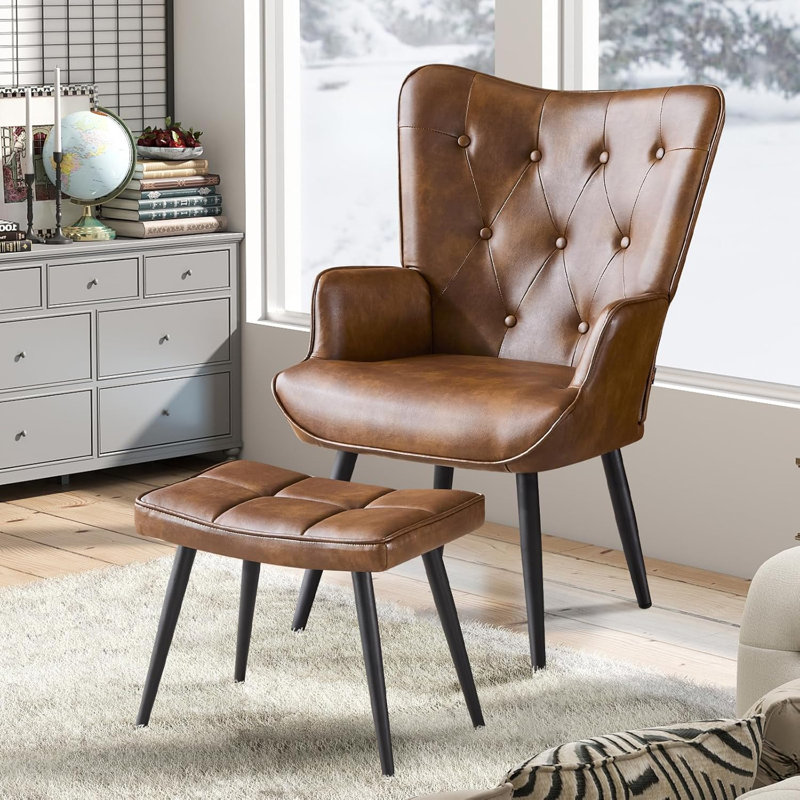 Mid-Century Modern Tufted Wingback Accent Chair with Ottoman, PU Leather Upholstered Armchair & Stool Set for Living Room, Bedroom