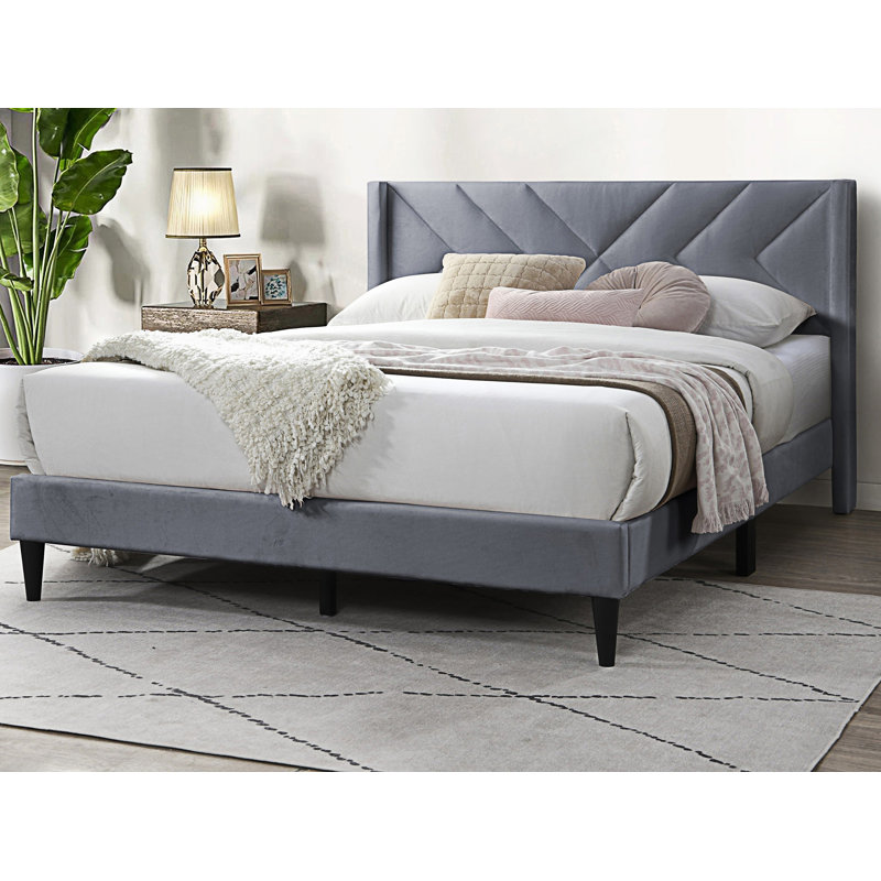 Lit tapissier élégant et grand avec tête de lit aux lignes épurées, Grey