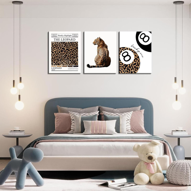 Ensemble de 3 impressions sur toile léopard à la mode Funky Lucky 8 balles d'affiches de style BCBG, guépard, décoration murale, pour chambre à coucher, appartement, dortoir, 16 x 24 po