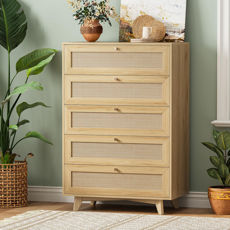 5 Drawers Rattan Dresser, Wood