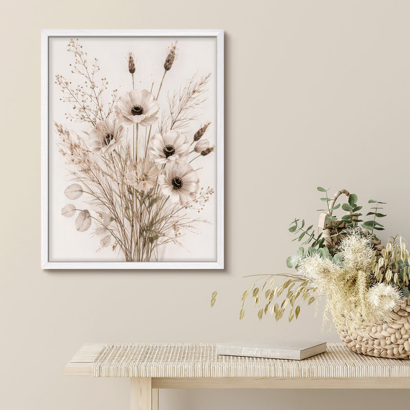 Neutral Botanical Bouquet Framed Wall Art Prints - Beige floral arrangement, for living room, 10" H x 8" W, Blanc