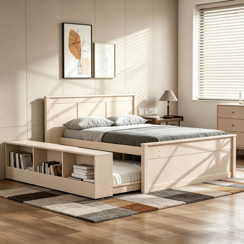 Lit plateforme en bois avec lit gigogne escamotable, armoire de rangement, Lit simple, Blanc, crème
