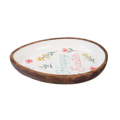 Happy Easter Floral Wood Egg Shaped Novelty Serving Plate
