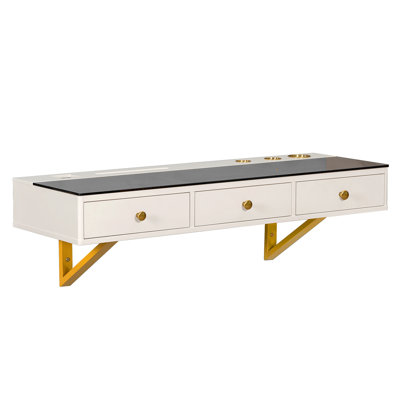 Tablette flottante de 47 po avec tiroir, coiffeuse murale polyvalente, bureau monté, table flottante pour chambre à coucher, salle de bain, coiffeurs, blanc et doré