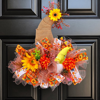 Farmhouse Fall Harvest Door Wreath, Artificial Sunflower Floral Gnome Wall Hanging, Thanksgiving Autumn Orange Mesh Ribbon Front Door Decor