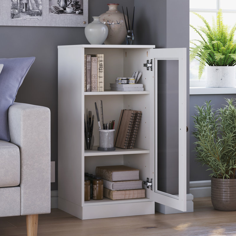 100% Solid Wood 3-Shelf Bookcase with Clear Glass Door and Adjustable Shelves, White