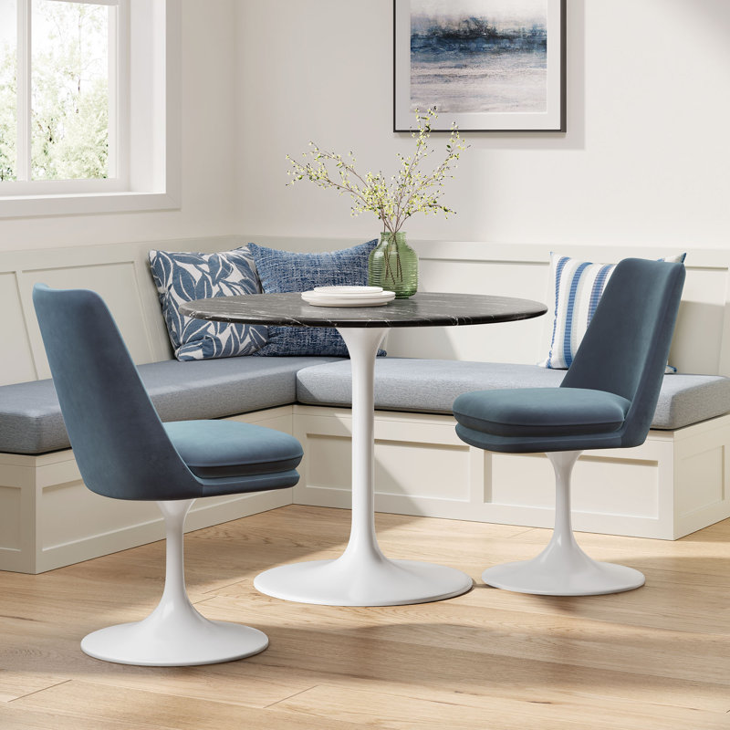 Chaise pivotante rembourrée Lippa, Blanc / Blanc, Velours bleu cadet