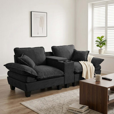 Black Modular Cloud L-Shaped Sailboat Sofa, With Cup Holders, Storage, USB Port & 2 Pillows, Chenille Fabric For Apartment & Living Room