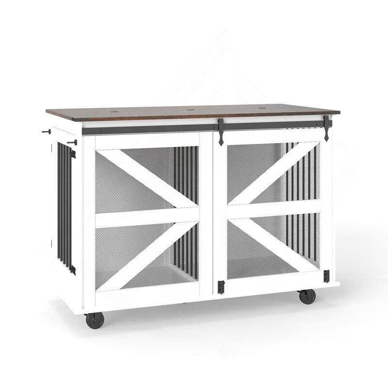 Caisse mobile pour chien 47,2 po avec porte à rabattable, système à double accès et 5 roulettes (2 verrouillables), crochets latéraux - chenil multifonctionnel pour animaux de compagnie, double cage pour chien