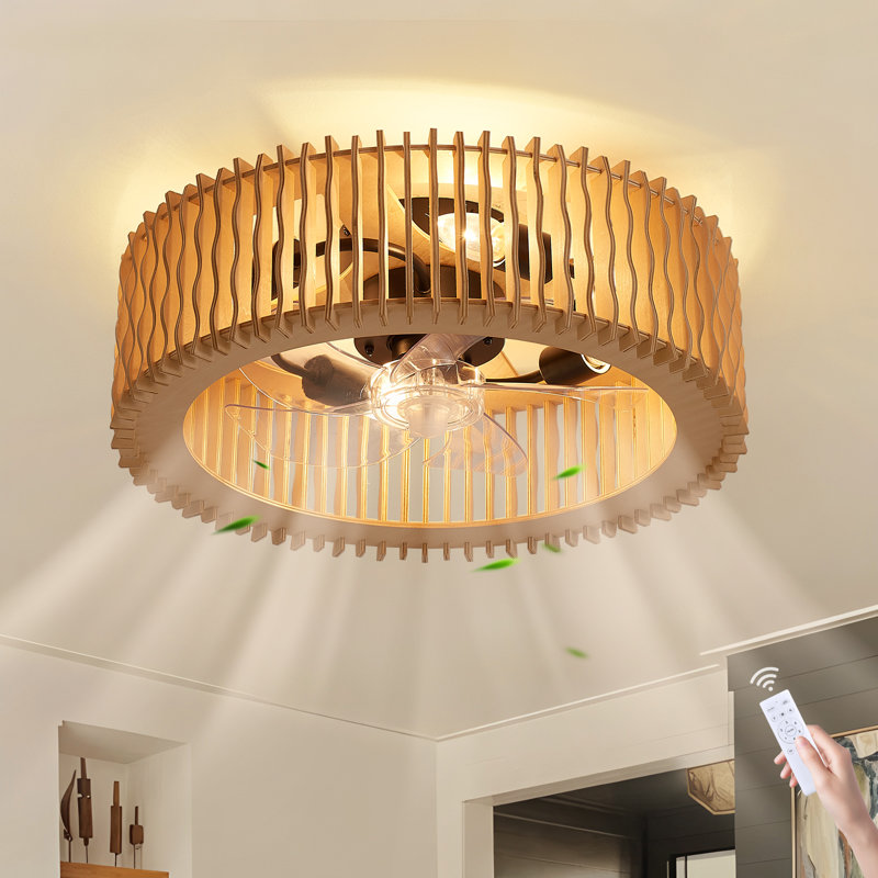 20" 4-Light Flush Mount Natural Wood Ceiling Fan with Light, 5-Blade Fandelier with Remote Control and Reversible DC Motor for All-Season Use