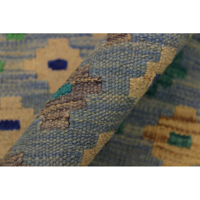 Tapis bleu clair / ivoire / jaune en laine à motif de chevrons fait à la main 2 pi 8 po x 4 pi Madee