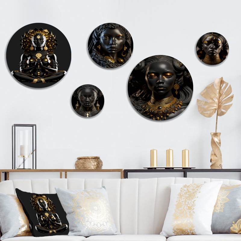 Ensemble de 5 décorations murales noires et dorées en métal lotus