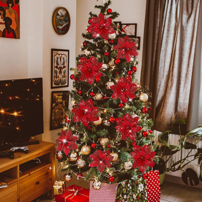 15 poinsettias artificiels de Noël avec pinces, décorations de sapin à paillettes avec tiges, couronne de Noël DIY, décorations pour sapin et fêtes à la maison