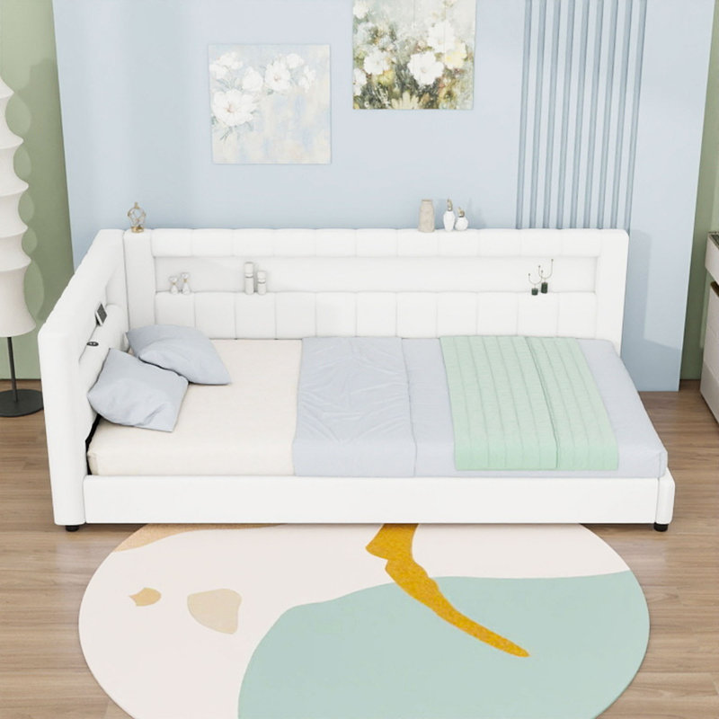 Upholstered Daybed with USB Ports, LED Light and Slats, White, Extra-Long Twin