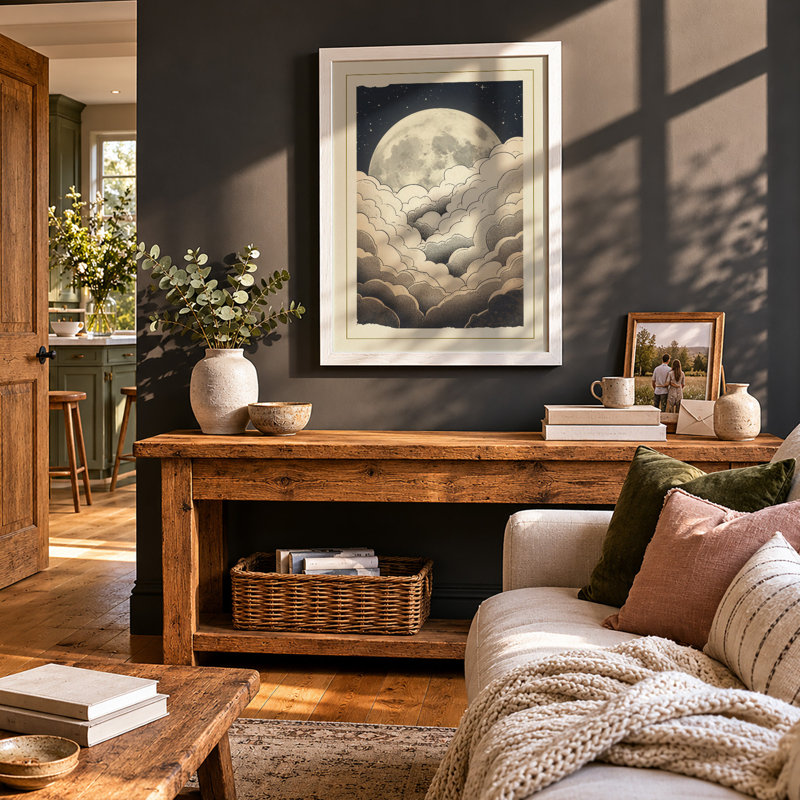 Moon Above Clouds Scandinavian - Print, A2 - 59.4 x 42.0 cm, White