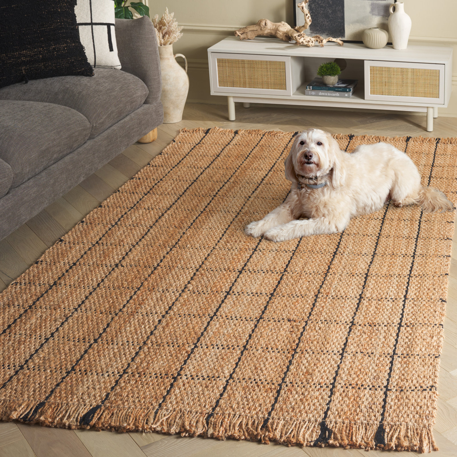 Natural Fiber 602 Hand Woven Jute Geometric Rug, Rectangle 5' x 8'