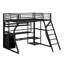 Lit mezzanine double en métal avec poste de travail intégré, garde-robe ouverte, DEL et rangement multiple