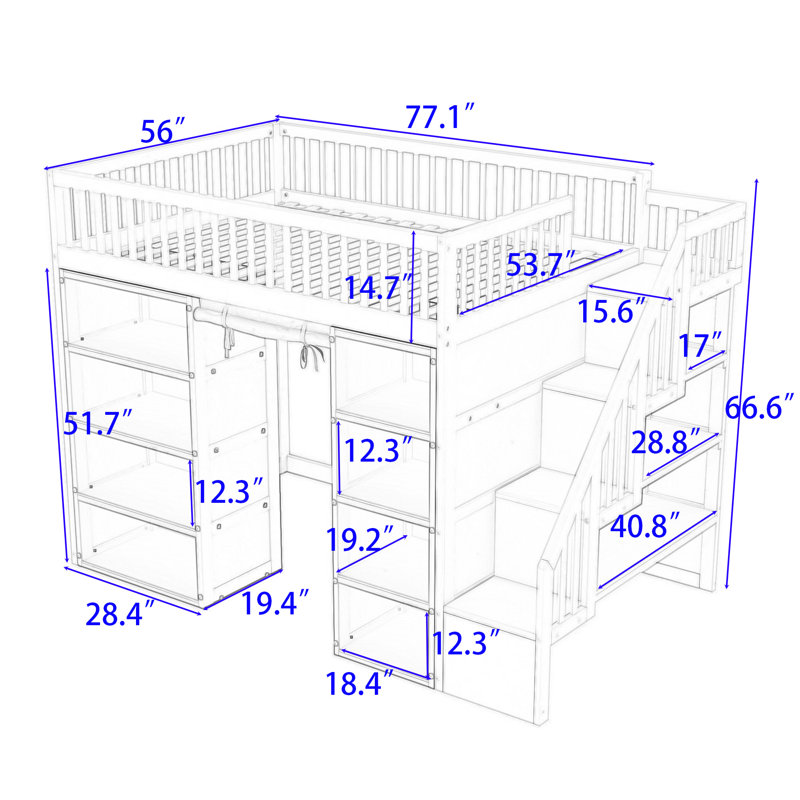 Lit mezzanine double avec escalier, armoires de rangement et rideau Kalirose