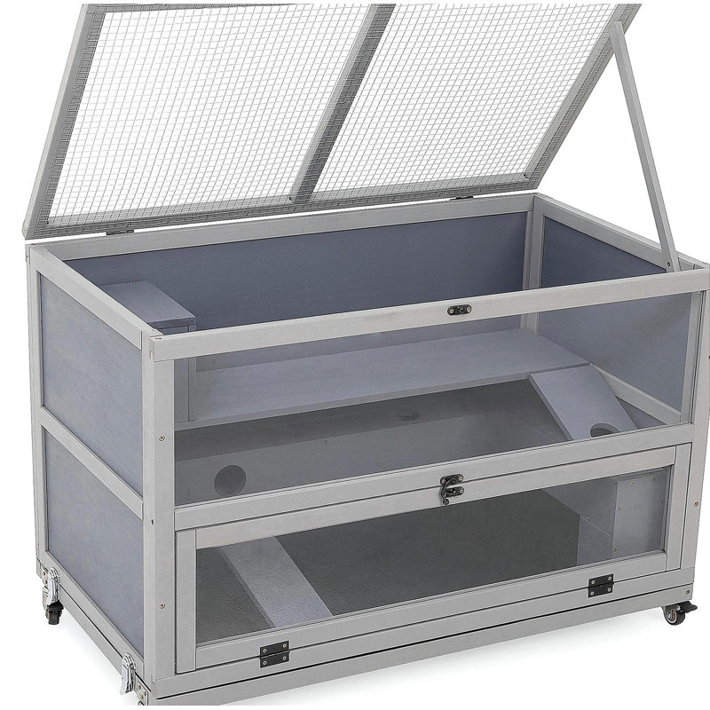 Cage à hamster en bois, cage à gerbille avec tunnels, plateau amovible, roulettes, plateau et avant ouverts, huche pour petits animaux, rat, gris