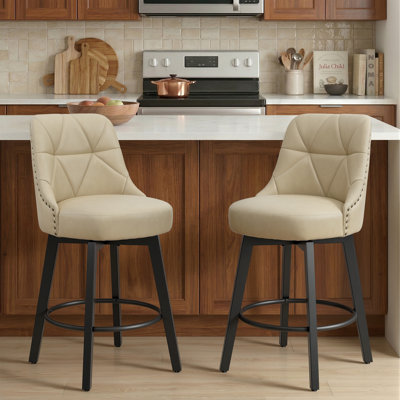 Faux Leather Bar Stools With Back And Solid Wood Legs (set Of 2)