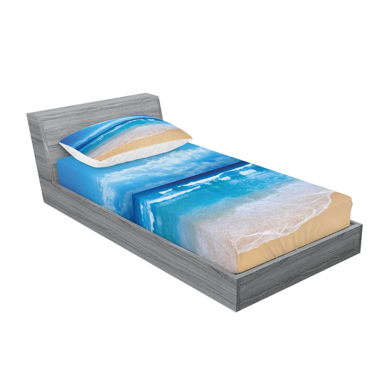 Drap-housse et coussin décoratif Ambesonne Beach, brun sable / bleu, Ensemble de draps pour lit simple + 5 pièces supp