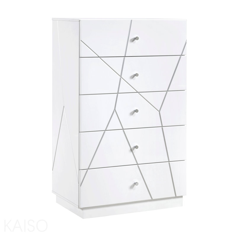 Commode de rangement à 5 tiroirs à finition blanche glamour