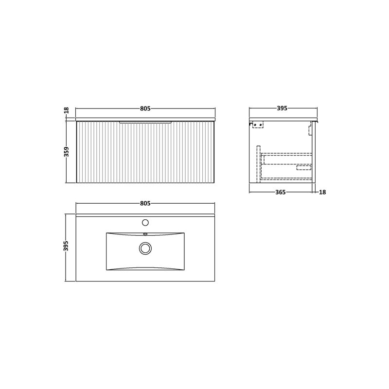 Fluted 800mm Single Bathroom Vanity with Drop In Vitreous China Basin, Satin Green
