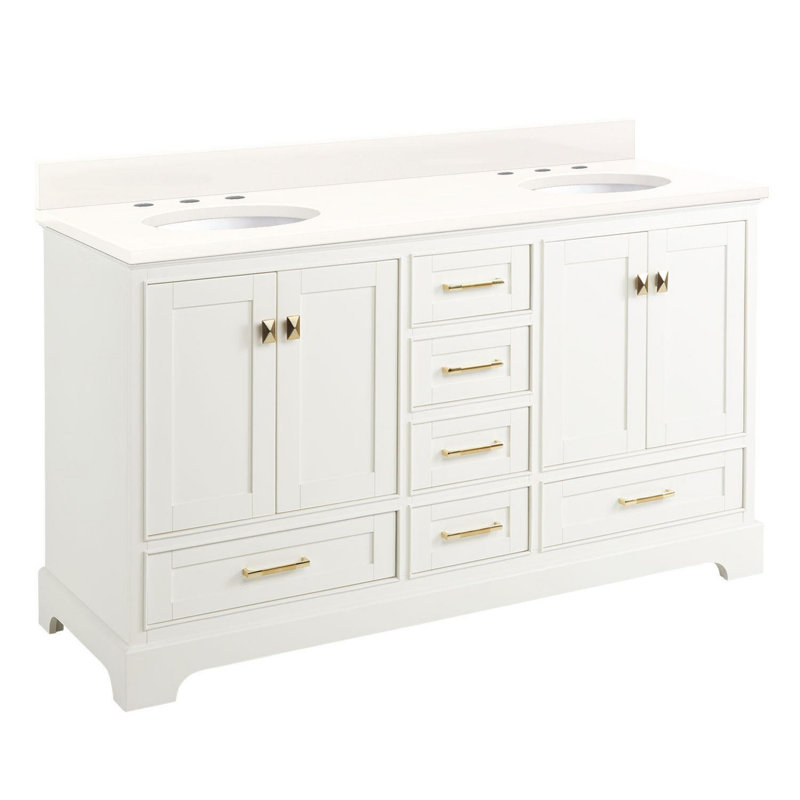 Quen 60" Freestanding Double Basin Vanity Set with Cabinet, Vanity Top, and Oval Undermount Sinks, Soft White, Satin Brass