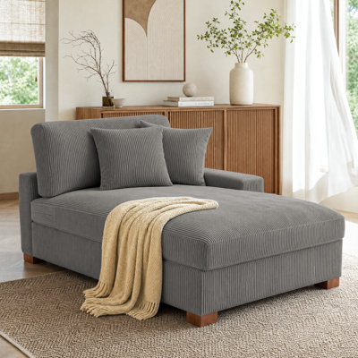 Milbrey Oversized Upholstered Light Gray Corduroy Chaise Lounge with Armrests & Throw Pillows