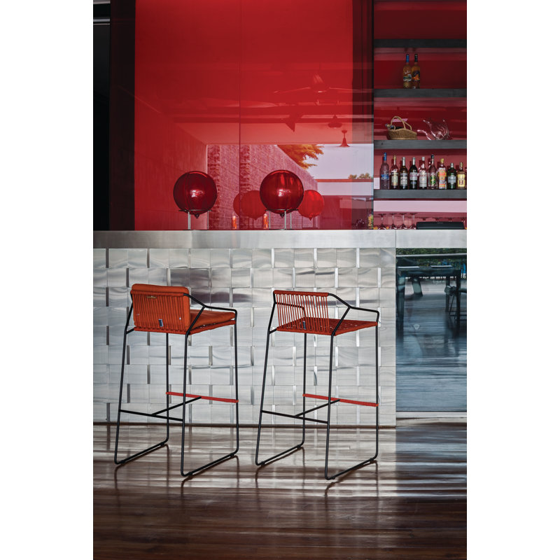 Sandur Patio Bar Stool with Cushion, Canvas Brick Sunbrella® Canvas, Anthracite Rope/Anthracite Frame