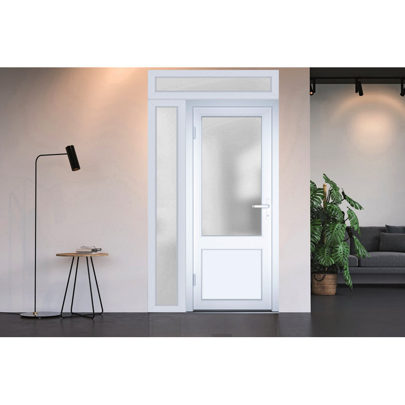 Front Exterior Prehung FiberGlass Door Frosted Glass / Manux 8422 White Silk / Side and Top Exterior Window / Office Commercial and Residential Doors Entrance Patio Garage-W36+12" x H80+14"-Right-hand Inswing