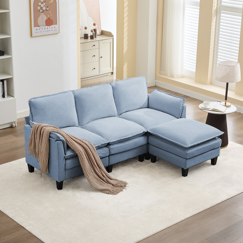 4-Piece 76'' Upholstered L-Shape Sectional, Blue Chenille
