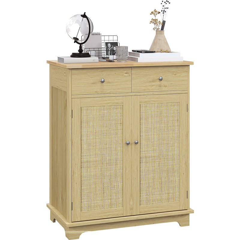 Natural Oak and Rattan Sideboard with Solid Wood Countertop