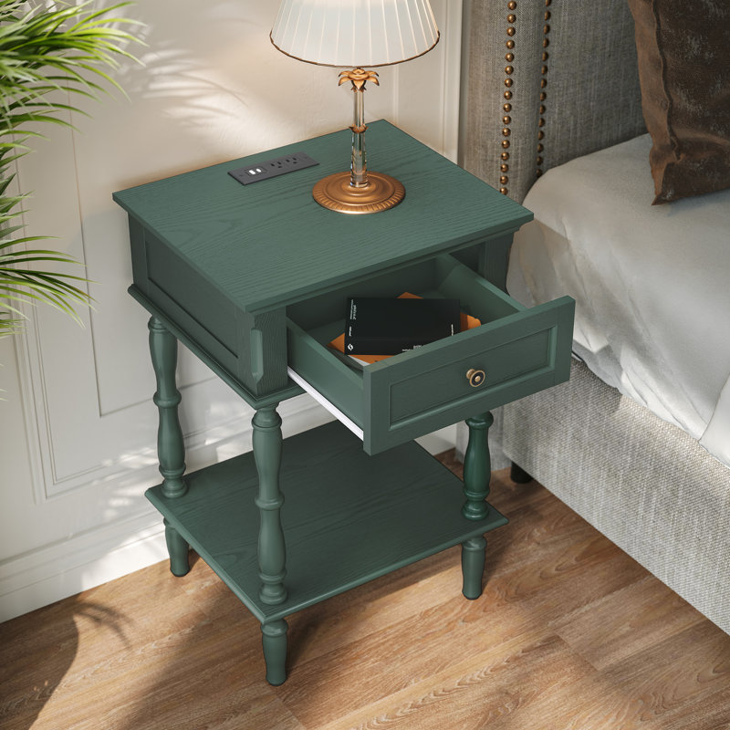 25'' Tall 1- Drawer Nightstand with Built-in Charging Outlets, Minimal Assembly Needed, Green
