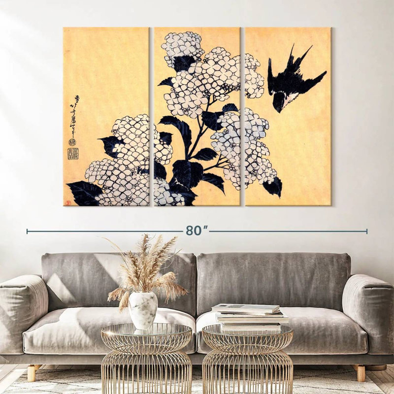 " Hydrangea And Swallow " 3 - Pieces, 42" H x 65" W x 1.25" D