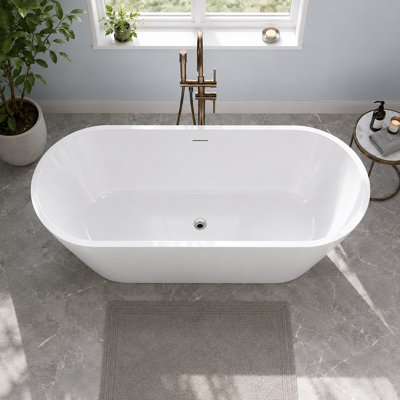 Baignoire ovale en acrylique de 140 cm (55 po), avec bonde centrale et trop-plein intégré, blanc brillant