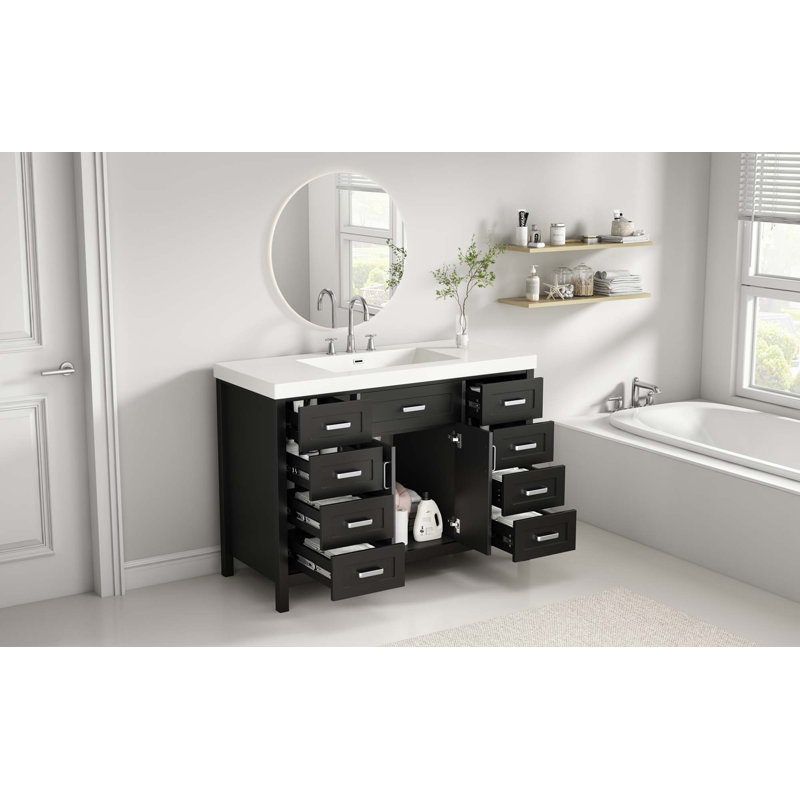 Meuble-lavabo 48 po avec lavabo, 2 portes et 8 tiroirs, système de fermeture en douceur, Black