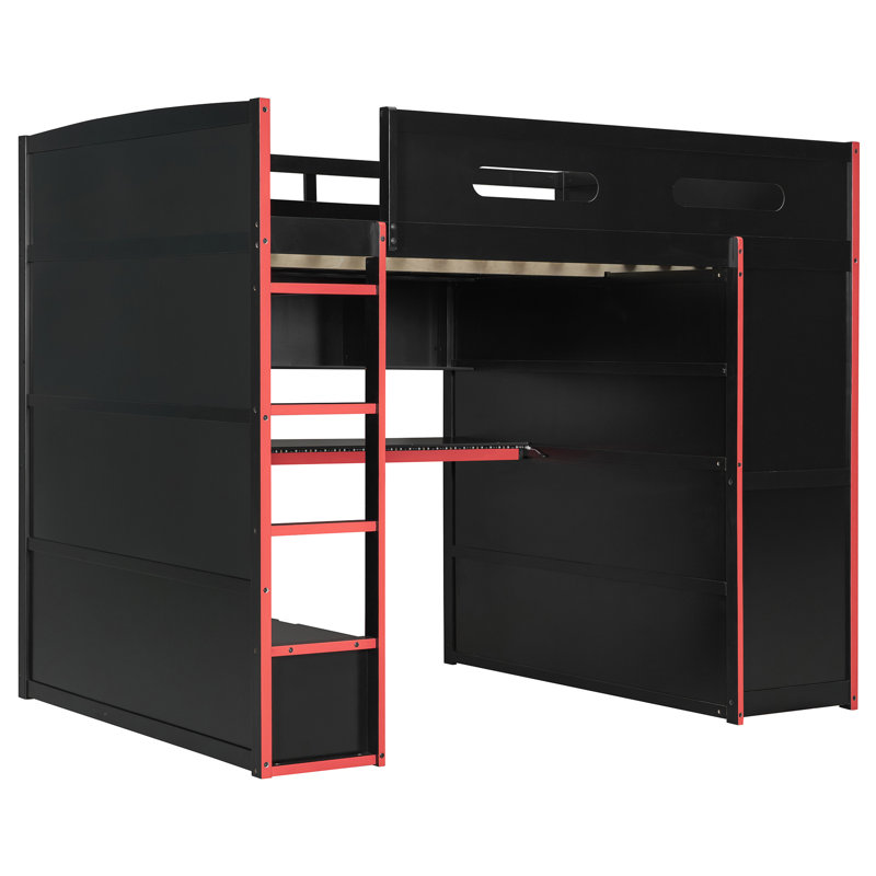 Lit double avec lit mezzanine, bureau, trous pour câbles, et pour une expérience de jeu, Black/Red