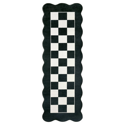 Washable Scalloped Rug Modern Checkerboard Rug Non Slip, Soft Non Shedding Thin Carpet, Indoor Low Pile Foldable Carpet, Contemporary Printed Mat for Living Room Bedroom